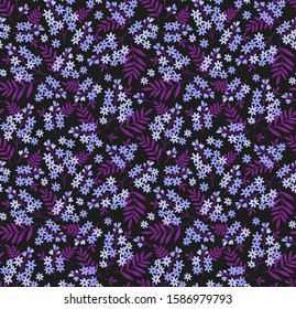 Vintage floral background. Seamless vector pattern for design and fashion prints. Flowers pattern with small lilac flowers on a dark background. Ditsy style.
