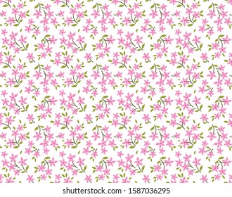Vintage floral background. Seamless vector pattern for design and fashion prints. Flowers pattern with small pink flowers on a white background. Ditsy style.