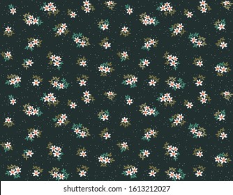 Vintage floral background. Seamless vector pattern for design and fashion prints. Flowers pattern with small white flowers on a black background. Ditsy style.