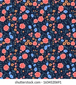 Vintage floral background. Seamless vector pattern for design and fashion prints. Flowers pattern with small roses colour flowers on a dark blue background. Ditsy style.