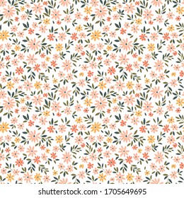Vintage floral background. Seamless vector patterns for design and fashion prints. Flowers pattern with small pale coral flowers on a white background. Ditsy style.