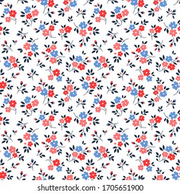 Vintage Floral Background. Seamless Vector Pattern For Design And Fashion Prints. Flowers Pattern With Small Red And Blue Flowers On A White Background. Ditsy Style.