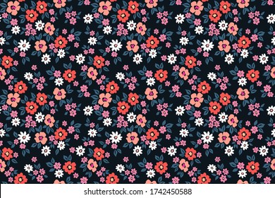 Vintage floral background. Seamless vector pattern for design and fashion prints. Flowers pattern with small flowers on a black background. Ditsy style.