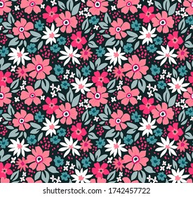 Fondo floral vintage. Patrón vectorial transparente para el diseño y las impresiones de moda. Flores con flores pequeñas blancas y rosas sobre un fondo negro. Estilo marrón.