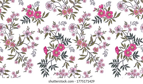 Vintage floral background. Seamless vector pattern for design and fashion prints. Floral pattern with small pink  flowers on a white background. Ditsy style.