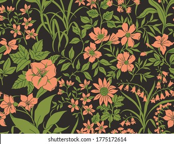 Vintage floral background. Seamless vector pattern for design and fashion prints. Floral pattern with colar flowers on a dark green background. Liberty style.