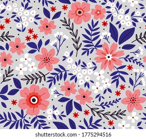 Vintage floral background. Seamless vector pattern for design and fashion prints. Flowers pattern with small pink and white flowers on a light gray background. Ditsy style.