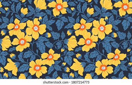 Fondo floral vintage. Patrón vectorial transparente para el diseño y las impresiones de moda. Patrón de flores con flores amarillas pequeñas sobre un fondo azul oscuro. Estilo marrón.