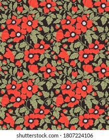 Vintage floral background. Seamless vector pattern for design and fashion prints. Flowers pattern with small red flowers on a black background. Ditsy style.