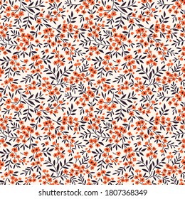 Vintage floral background. Seamless vector pattern for design and fashion prints. Flowers pattern with small orange flowers on a white background. Ditsy style.