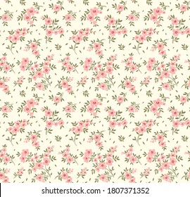 Vintage floral background. Seamless vector pattern for design and fashion prints. Flowers pattern with small pink flowers on a white background. Ditsy style.