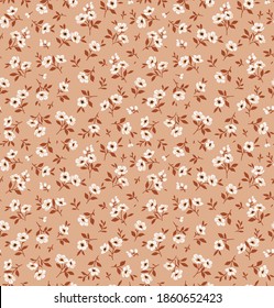 Vintage floral background. Seamless vector pattern for design and fashion prints. Flowers pattern with small white flowers on a beige background. Ditsy style.