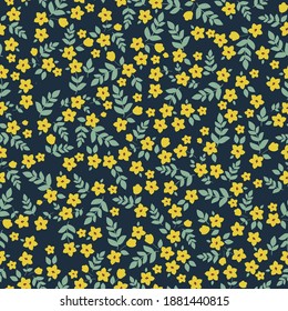 Vintage floral background. Seamless vector pattern for design and fashion prints. Floral pattern with small yellow flowers on a dark background.
