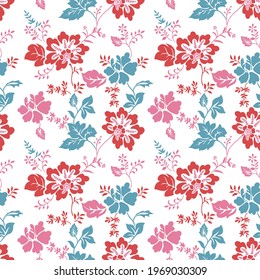 Fondo floral vintage. Patrón vectorial transparente para el diseño y las impresiones de moda. Flores con flores rosadas, rojas, azules sobre un fondo blanco. 