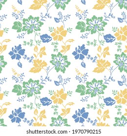 Vintage floral background. Seamless vector pattern for design and fashion prints. Flowers pattern with small green, yellow, blue flower on a white background. 