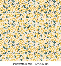 Vintage floral background. Seamless vector pattern for design and fashion prints. Flowers pattern with small yellow flowers on a ecru background. Ditsy style.