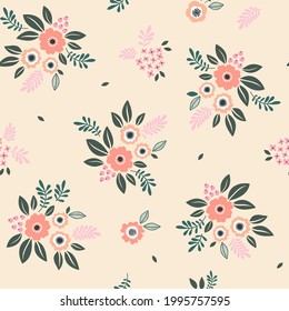 Fondo floral vintage. Patrón vectorial transparente para el diseño y las impresiones de moda. Flores con pequeñas flores de coral rosa sobre un fondo rosa pálido. Estilo marrón.