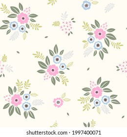 Vintage floral background. Seamless vector pattern for design and fashion prints. Flowers pattern with small pink and pale blue flowers on a white background. Ditsy style.