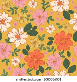 Vintage floral background. Seamless vector pattern for design and fashion prints. Floral pattern with white,roses and orange flowers and green leaves on a yellow background.
