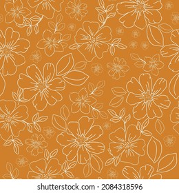Vintage floral background. Seamless vector pattern for design and fashion prints. Floral pattern with white outline of flowers and leaves on a terracotta background.
