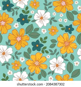 Vintage floral background. Seamless vector pattern for design and fashion prints. Floral pattern with white, yellow and turquoise flowers and green leaves on a light blue background.