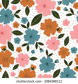 Fondo floral vintage. Patrón vectorial transparente para el diseño y las impresiones de moda. Floral con flores rosas, azules y de terracota y puntos sobre un fondo blanco.