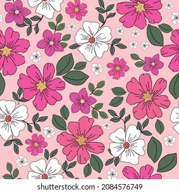 Vintage floral background. Seamless vector pattern for design and fashion prints. Floral pattern with white and pink flowers, green leaves on a light pink background.
