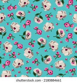 Vintage floral background. Seamless vector pattern design and fashion prints. Floral pattern with small pink and red flowers on a contrasted background.