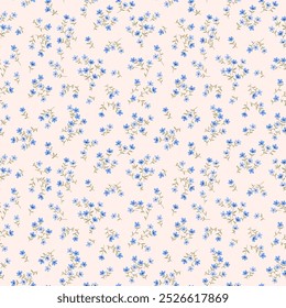 Vintage floral background. Seamless vector pattern for design and fashion prints. Flowers pattern with small blue flowers on a light ivory background. Ditsy style.