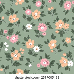 Vintage floral background. Seamless vector pattern for design and fashion prints. Flowers pattern with small pink and peach flowers on a light gray green background. Ditsy style.