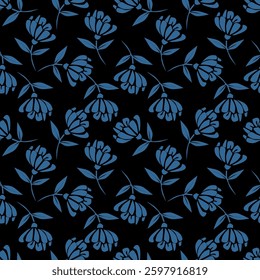 Vintage floral background. Seamless vector pattern for design and fashion prints. Flowers pattern with small blue, pink and white flowers on a dark blue background. Ditsy style