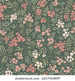 Vintage floraler Hintergrund. Nahtloses Vektormuster für Design und Modedruck. Blumen-Muster mit kleinen rosa , weißen und pfirsichfarbenen Blumen auf dunkelgraugrünem Hintergrund. Ditsy Stil. Stockdruck