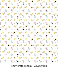 Vintage floral background. Seamless vector pattern for design and fashion prints. Flowers pattern with small yellow, pink and blue flowers on a white background. Ditsy style. 