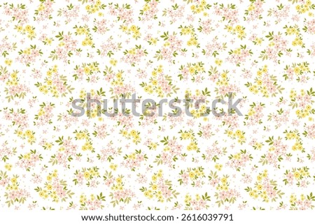 Vintage floral background. Seamless vector pattern for design and fashion prints. Flowers pattern with small pink and yellow flowers on a white background. Ditsy style. Cute fashion summer print. 