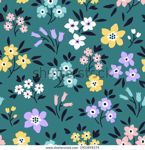 ビンテージ花柄の背景 デザインやファッションプリント用のシームレスなベクター画像パターン 緑と青の背景に花のパターンと小さなカラフルな花 ディティースタイル のベクター画像素材 ロイヤリティフリー