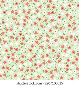 Fondo floral vintage con flores pequeñas blancas y rosas, hojas verdes. fondo verde claro. Patrón transparente para el diseño y las impresiones de moda.Ilustración vectorial de material.