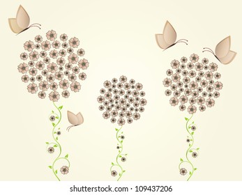 Vintage floral background for summer and autumn with vector flowers and butterfly