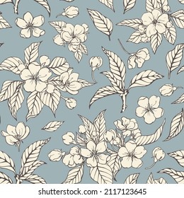 Vintage floral background Vector seamless pattern blooming branches beige flowers of apples on blue grey . Hand drawn elements illustration for design packaging textile wallpaper fabric