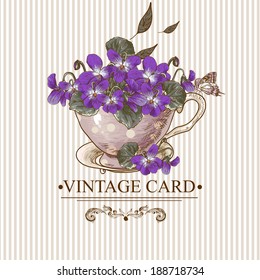 Vintage Floral Background with Violets in a Cup Invitation Card Design with Flowers. Vector Design element.