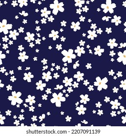 Vintage floral background with white flowers on a dark blue background. Seamless pattern for design and fashion prints.Stock vector illustration.