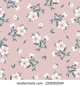 Vintage floral background with white flowers, green leaves. pink background. Seamless pattern for design and fashion prints.Stock vector illustration.