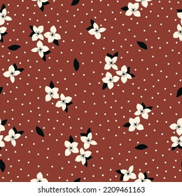 Vintage floral background with white flowers and dots, black  leaves. white background. Seamless pattern for design and fashion prints.Stock vector illustration.