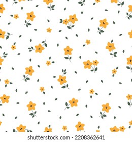 Vintage floral background with yellow flowers , green leaves. white background. Seamless pattern for design and fashion prints.Stock vector illustration.