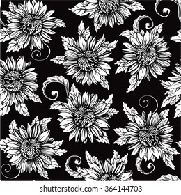 Vintage floral backgrounds. Vector ornate seamless  patterns with Sunflowers at engraving style