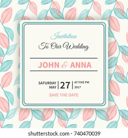Vintage floral background.Wedding card or invitation with frame and contour leaves.Spring garland of leaves.Vector illustration.