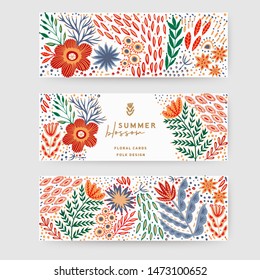 Vintage floral banners made of flowers in folk traditional style. Can be used as greeting cards template, header for website