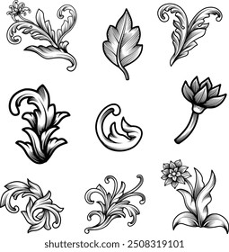 Ornamento floral barroco de la frontera de Antiguas. Hojas grabadas y flores de filigrana arabesca. Vector botánico grabado decorativo, antiguo conjunto ornamental para la ilustración decorativa.