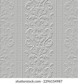 Vintage floral Baroque borders 3d white seamless pattern. Vector embossed border background. Repeat emboss backdrop. Surface relief 3d flowers leaves, stripes, dotted lines. Baroque style ornaments.