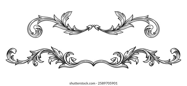 Vintage Floral baroque ornaments oriental design. Victorian border frame decorative elements, flourish, swirl, filigree, heraldic engraved with acanthus leaves. Classic ornamental vector illustration