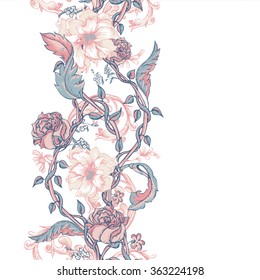 Vintage Floral Baroque Seamless Border With Blooming Magnolias, Rose And Twigs, Roses Vector Illustration, Flower Pattern